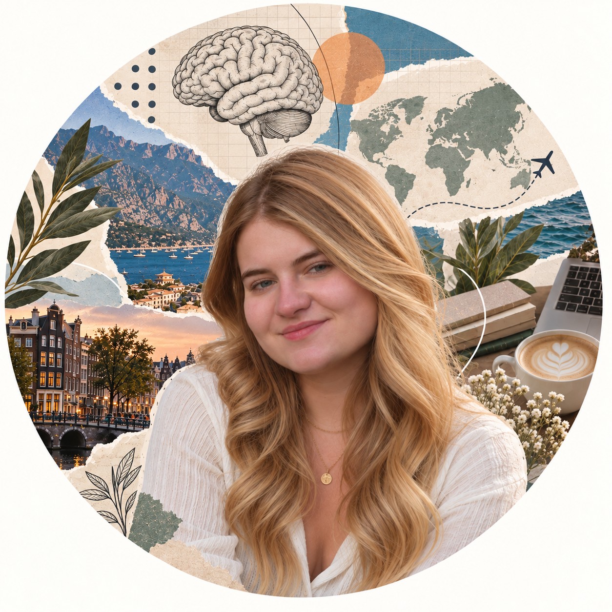 Portrait collage of Laura Maria Fetz, with research, travel, and nature imagery